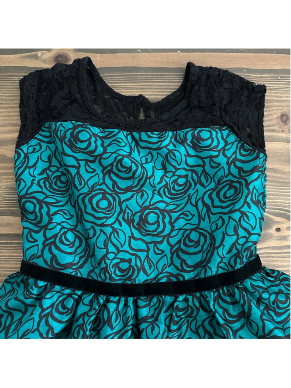 Gymboree Dressed Up Girls Dress Size 10 Teal Black Rose Print Lace Tulle
